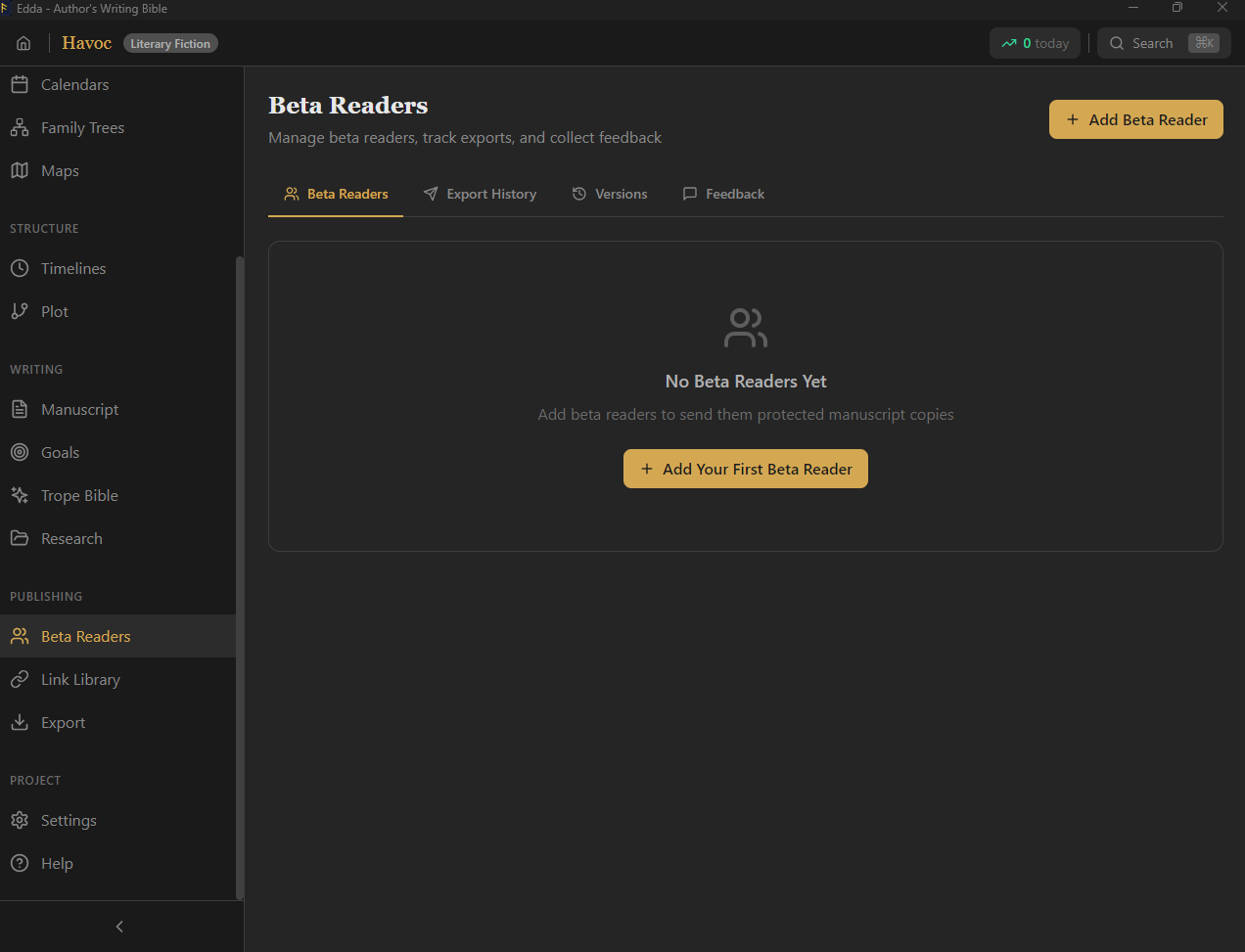 Edda beta reader management interface with watermarked exports and reader status tracking