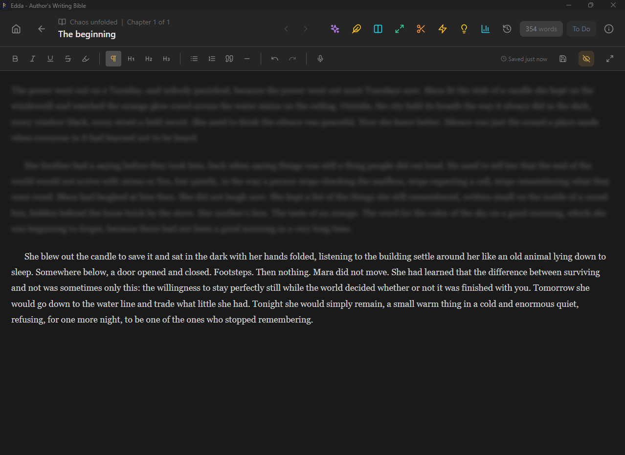 Edda Blindwrite distraction-free writing mode with a single centred line of text