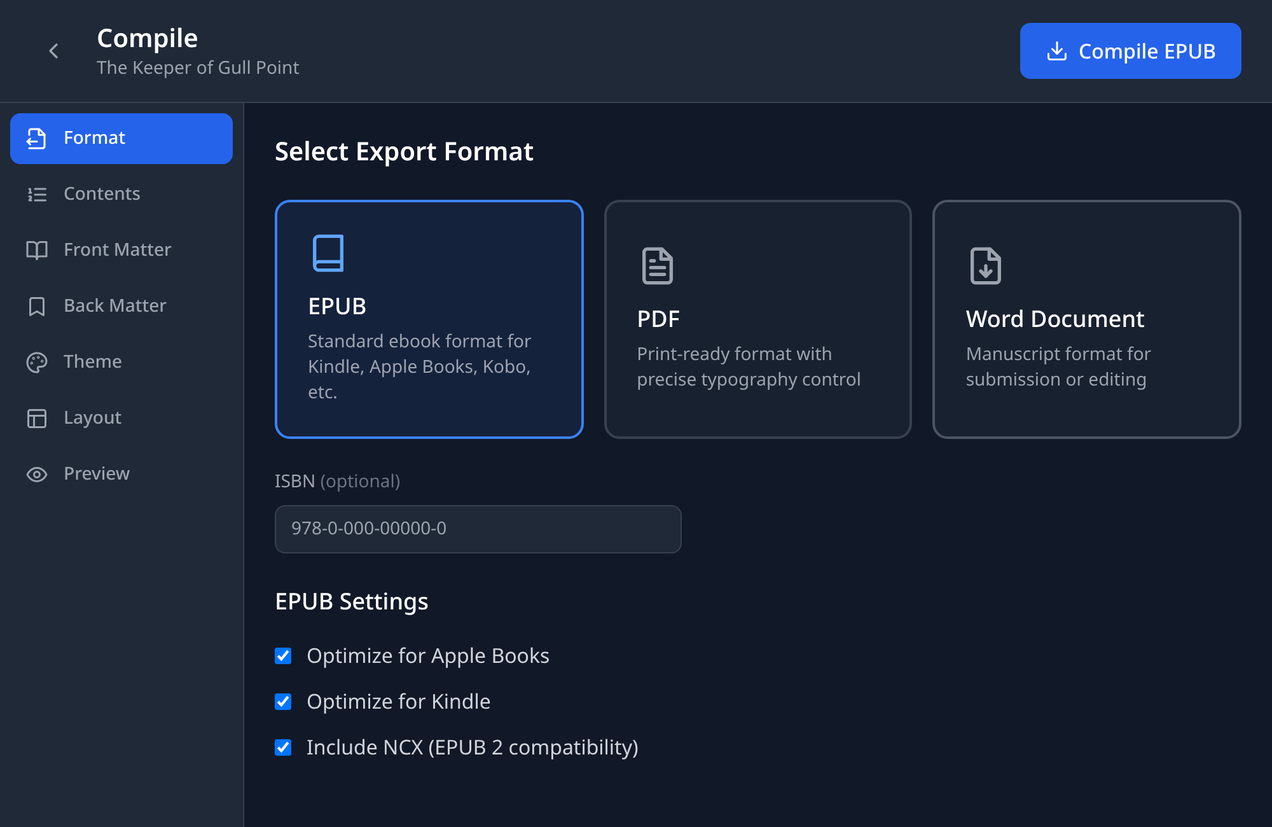 Edda compile screen with EPUB, PDF and Word export formats, front and back matter, theme, layout and preview steps