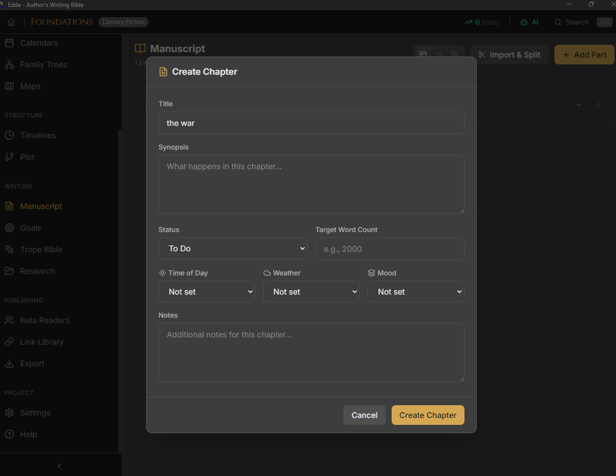Edda's chapter creation with title, synopsis, status, word count targets, time of day, weather, and mood settings