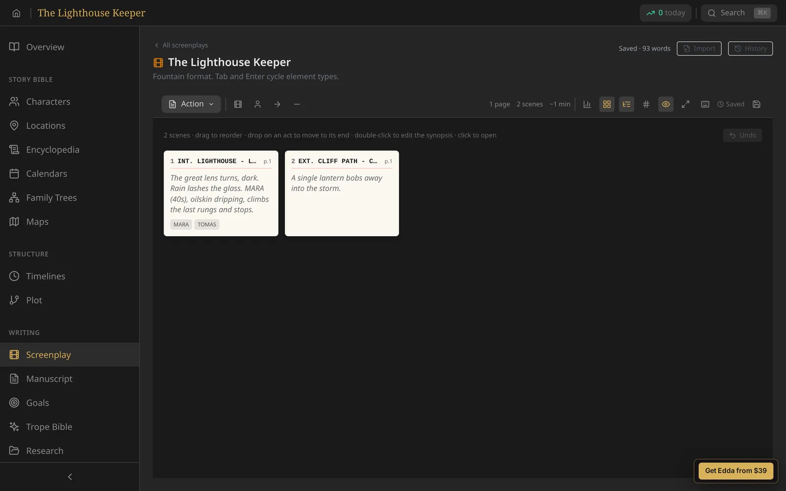 Index cards view showing each scene as a card with its synopsis and the characters in it