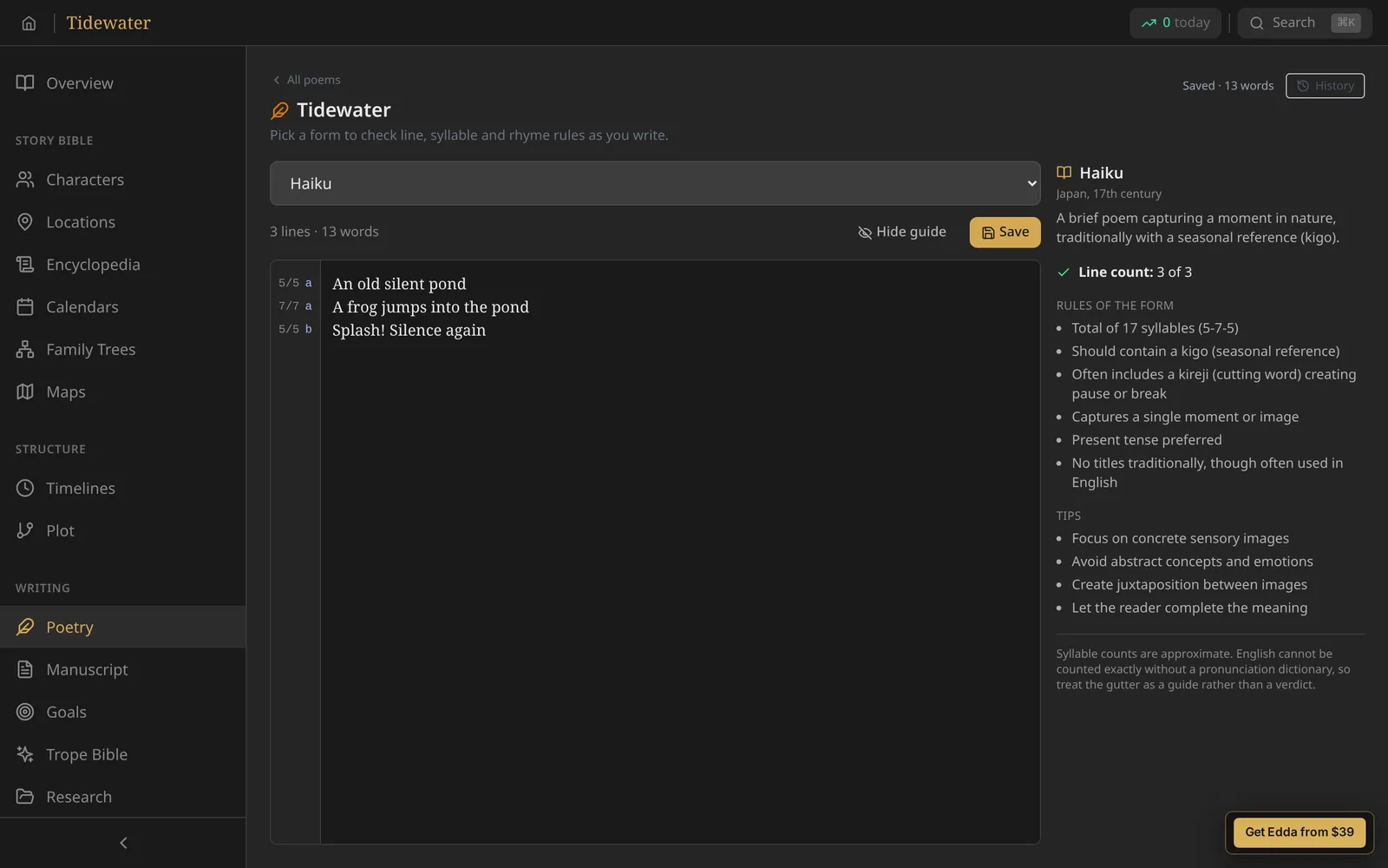 Edda 5.0 poetry editor checking a haiku, with syllable counts and rhyme letters beside each line and a guide to the form