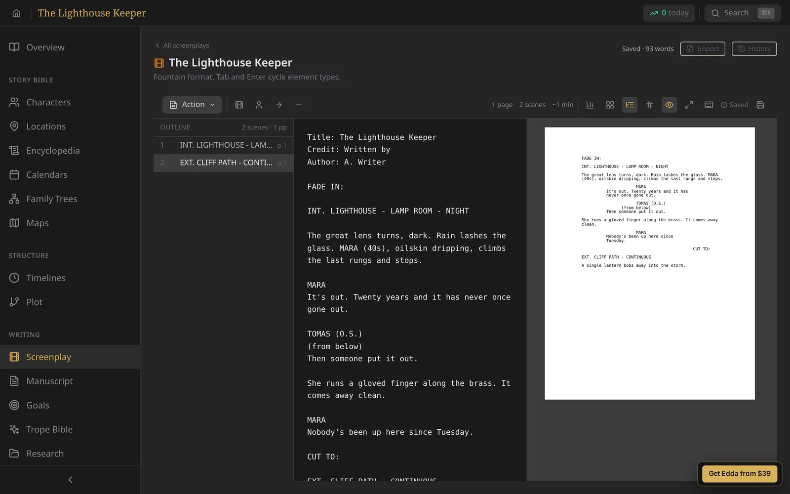 Edda 5.0 screenplay editor with a scene outline on the left, Fountain text in the middle and a formatted script page on the right