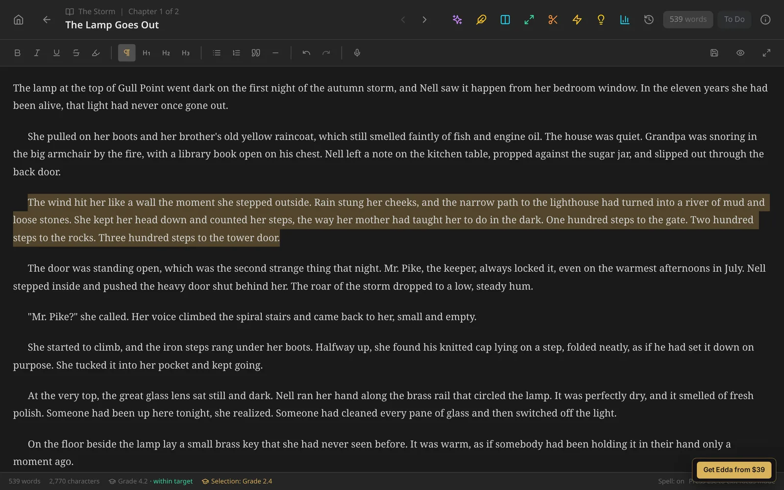 Edda chapter editor with Grade 4.2, within target, in the footer and the grade of the selected paragraph beside it