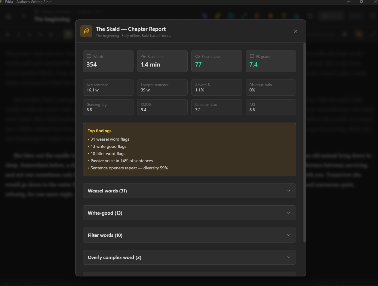 The Skald deterministic writing assistant panel showing prompts and a chapter readability and style report