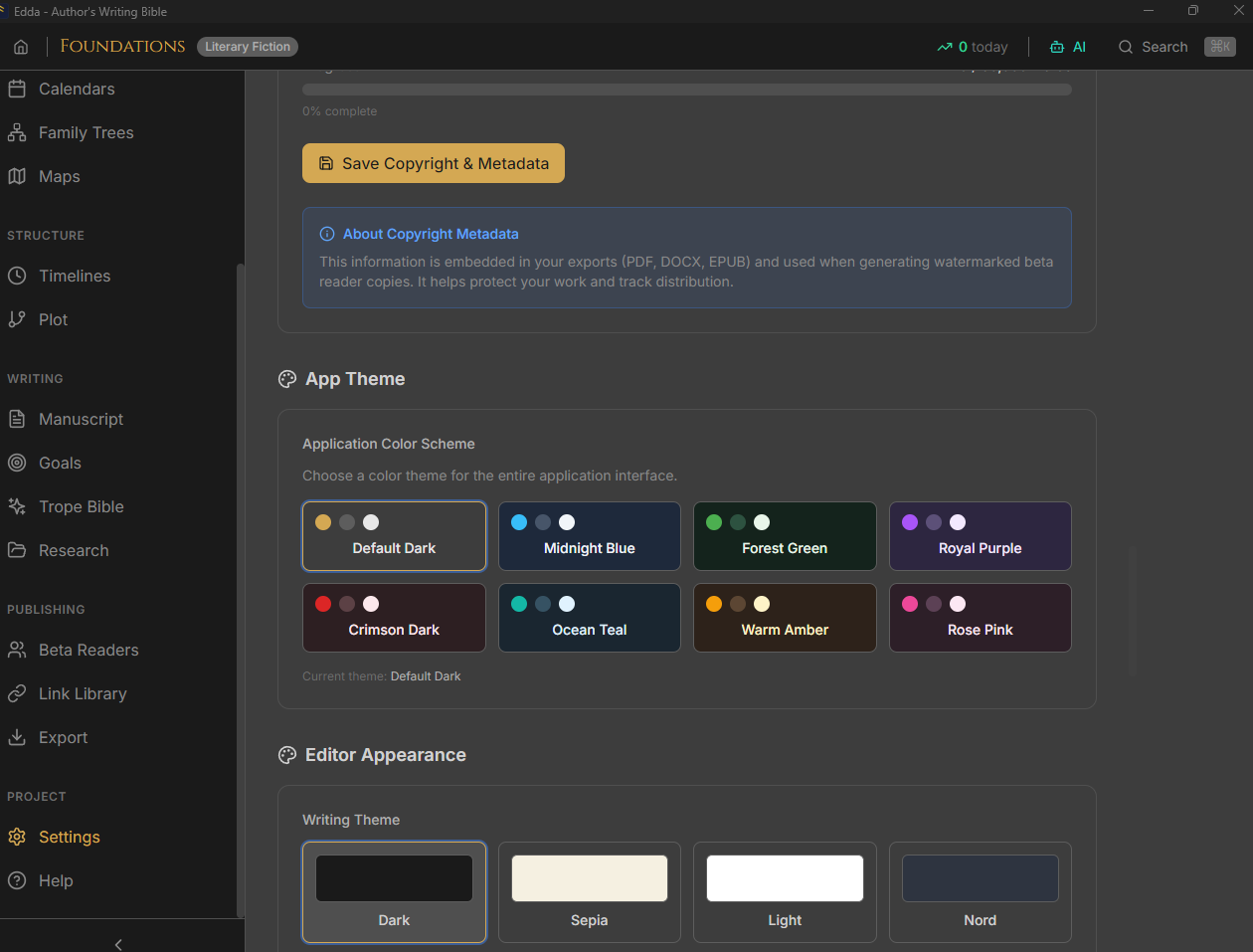 Edda's customizable themes including Default Dark, Midnight Blue, Forest Green, Royal Purple, and more